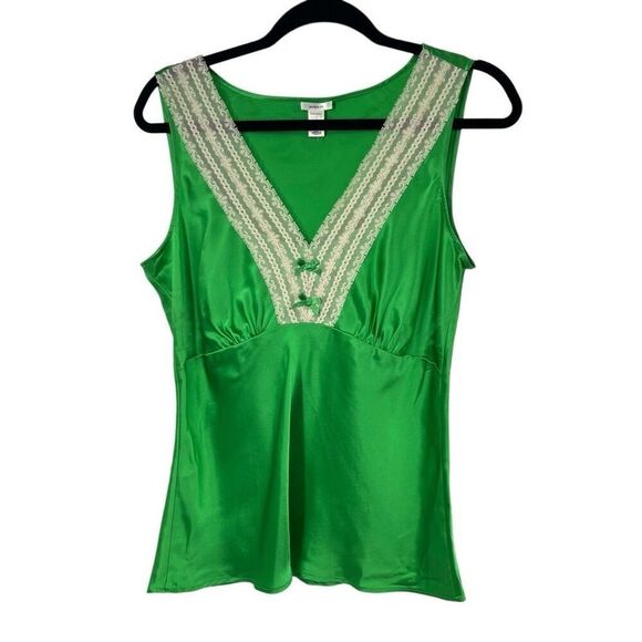 Y2K Old Navy‎ Green Lace Trim Bow Detail 100% Silk Whimsy Fairie Coquette Top M - Picture 1 of 7